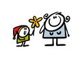 Dwarf in a red hat gives a flower to cute snow white. Vector illustration of a stickman from a children fairy tale.