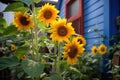 a dwarf sunflower plant in a garden of tall sunflowers Royalty Free Stock Photo