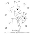 Dwarf woman with a flashlight monochrome sketch, stars design element stock vector