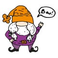 A dwarf with the word boo for Halloween in a flat style. a hand-drawn doodle-style dwarf in purple clothes and an orange hat with