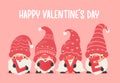 Dwarfs or gnomes hold pink hearts with "LOVE" letters for a Valentine's Day greeting card