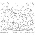 The dwarfs are singing Christmas carols. Coloring book page for kids. Cartoon style character. Vector illustration isolated on