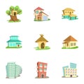 Dwelling icons set, cartoon style