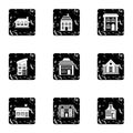 Dwelling icons set, grunge style