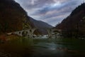Dyavolski most in Bulgaria landscape. Bridge over the Arda River in a narrow gorge. Near the Bulgarian town of Ardino in the Royalty Free Stock Photo