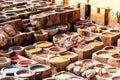 Dye reservoirs and vats in traditional tannery of city of Fez, Morocco Royalty Free Stock Photo