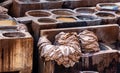 Dye reservoirs and vats in traditional tannery of city of Fez, Morocco Royalty Free Stock Photo