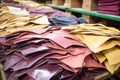 dyed leather pieces prepared for ballet flat production