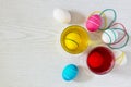 Dyeing Easter eggs with different colors of dye and elastic bands