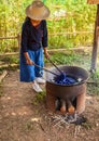 Dyeing Pots with colorful yarns dyed to blue fabric