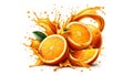 A dyfresh halves of ripe orange fruit, each caught in mid-air with splashes