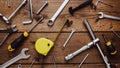 DYI composition of various work tools on wooden background flat lay Royalty Free Stock Photo