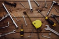 DYI composition of various work tools on wooden background flat lay Royalty Free Stock Photo