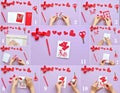 DYI master - class on creating cards for Valentine's Day. scrapbooking with ruling boards and cutting down bike and hearts. Craft Royalty Free Stock Photo