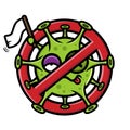 Dying virus cartoon character surrendering with virus ban sign