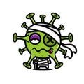 A dying virus cartoon character wearing a stick and bandage