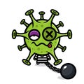 a dying virus cartoon character who is convicted and tied with an iron ball chain