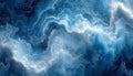 Dynamic abstract artwork evoking a stormy sea with swirling blue patterns and frothy white crests