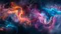 A dynamic abstract artwork showcases intense swirls of color, resembling cosmic activity and exuding a vibrant, fluid appearance