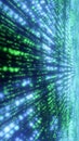 Dynamic abstract background of green and blue glowing particles streaming in motion, creating a futuristic data flow Royalty Free Stock Photo