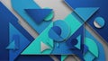 Dynamic abstract composition of overlapping geometric shapes including triangles circles and rectangles in shades of blue and teal Royalty Free Stock Photo