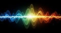 Colorful abstract waveform with vibrant blue, green, yellow, orange, and red waves on black background, digital art with Royalty Free Stock Photo