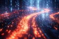 Dynamic abstract digital data stream visualization with glowing red and blue light trails, tech. Royalty Free Stock Photo