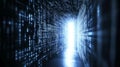 Futuristic digital tunnel glowing with binary data, leading to a bright light and symbolizing technological advancement Royalty Free Stock Photo