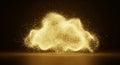 Dynamic abstract golden particles forming a luminous energy cloud above a subtle reflective base. Royalty Free Stock Photo