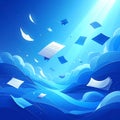 Flying Papers and Documents in a Surreal Blue Sky Royalty Free Stock Photo