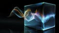 Dynamic abstract light waves interacting with transparent cube in futuristic design. Brand insights Royalty Free Stock Photo