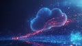 Futuristic cloud computing concept with glowing digital data and vibrant light trails. Royalty Free Stock Photo