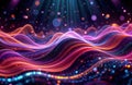 Dynamic abstract tech background shows glowing waves. Colorful particles flow in futuristic pattern. Illustrates data flow