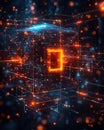 Abstract technological cube with glowing data lines and particles, representing digital network. Royalty Free Stock Photo