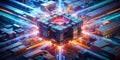 Dynamic Abstract Visualization of a Digital Core Intricate Glowing Circuitry and Flowing Data Streams Unveiling the Royalty Free Stock Photo