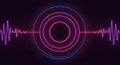 Dynamic Abstract Visualizer with Neon Pink and Purple Sound Waves, Glowing Concentric Circles, and Digital Particle Effects on Royalty Free Stock Photo