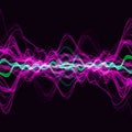 Dynamic, abstract waveforms in vibrant magenta and cyan intertwine against a black