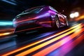 Dynamic acceleration, Supercar leaves colorful light trails on futuristic highway