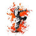 Dynamic action pose of Kung Fu master on red splash background Royalty Free Stock Photo