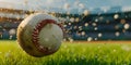 Close-up of a baseball hitting the ground, water splashing around, stadium in the background. perfect for sports ads. AI