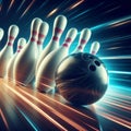 Dynamic Action Shot of Bowling Ball Hitting Pins with Motion Blur Royalty Free Stock Photo