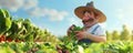 Dynamic animated farmer checking irrigation in a vegetable field