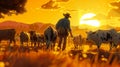 Dynamic animated farmer herding cattle at dusk warm and vibrant