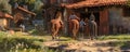 Dynamic animated farmer leading horses to a stable warm and rustic