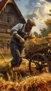 Dynamic animated farmer loading hay onto a cart rustic and lively
