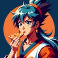 Dynamic Anime-Inspired Art: Stylized Female Character with Martial Arts Flair and Pizza Bite