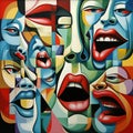 Cubist mosaic of facial expressions in vivid colors. AI generation