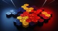 Abstract 3D hexagonal blocks in vibrant red, yellow, and blue tones Royalty Free Stock Photo