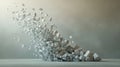 A dynamic arrangement of white, three-dimensional geometric shapes gradually disperses into the air