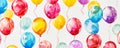 A dynamic array of balloons in vibrant primary colors, floating in a whimsical pattern against a